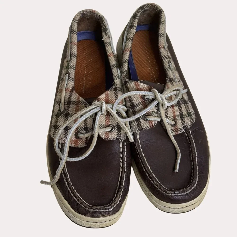 Sperry Top Sider Mens Loafers Boat Shoes Leather Plaid Brown 8 M
